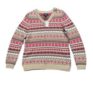 Lands' End Drifter Fair Isle V Neck Sweater NWOT Womens Medium Tall Tan Pink
